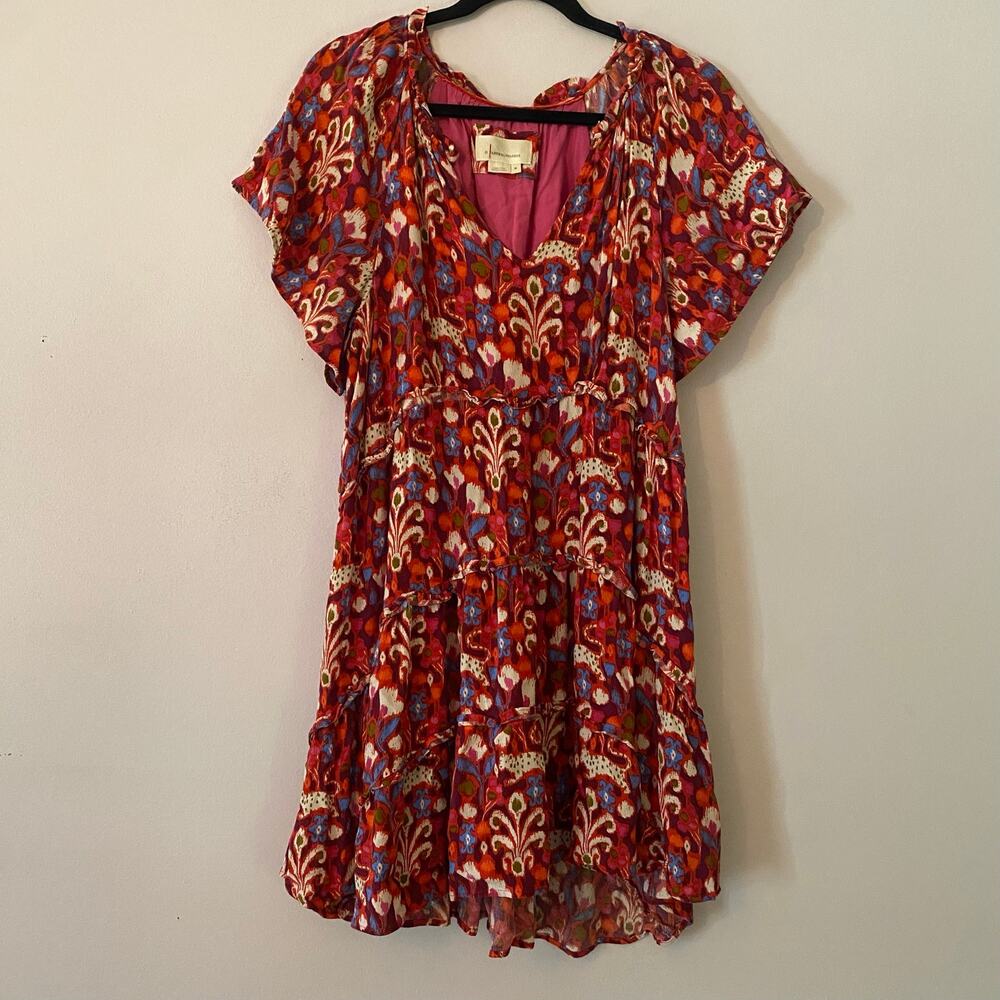 Anthropologie Red Pink Blue Boho Tiered V-neck Mini Dress Women's size Medium